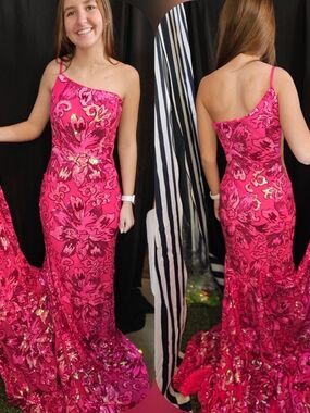 Jovani Hot Pink Sequin One-Shoulder Floral Gown